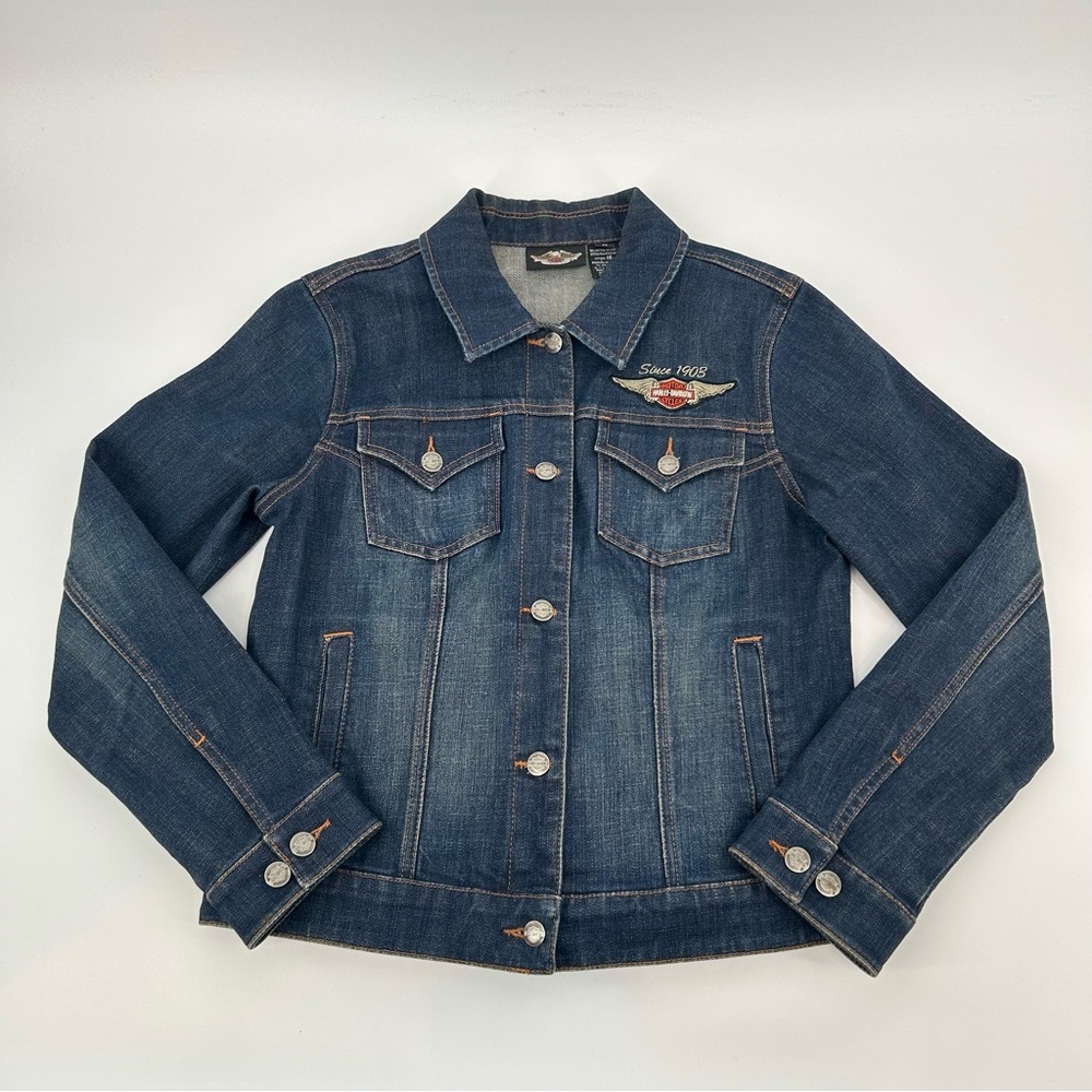 Harley Davidson Embroidered Wing Logo Denim Jacket Size Medium - Picture 7 of 9